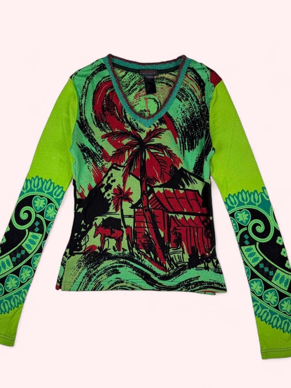 Y2K Custo Barcelona green tropical print long sleeve top NWT